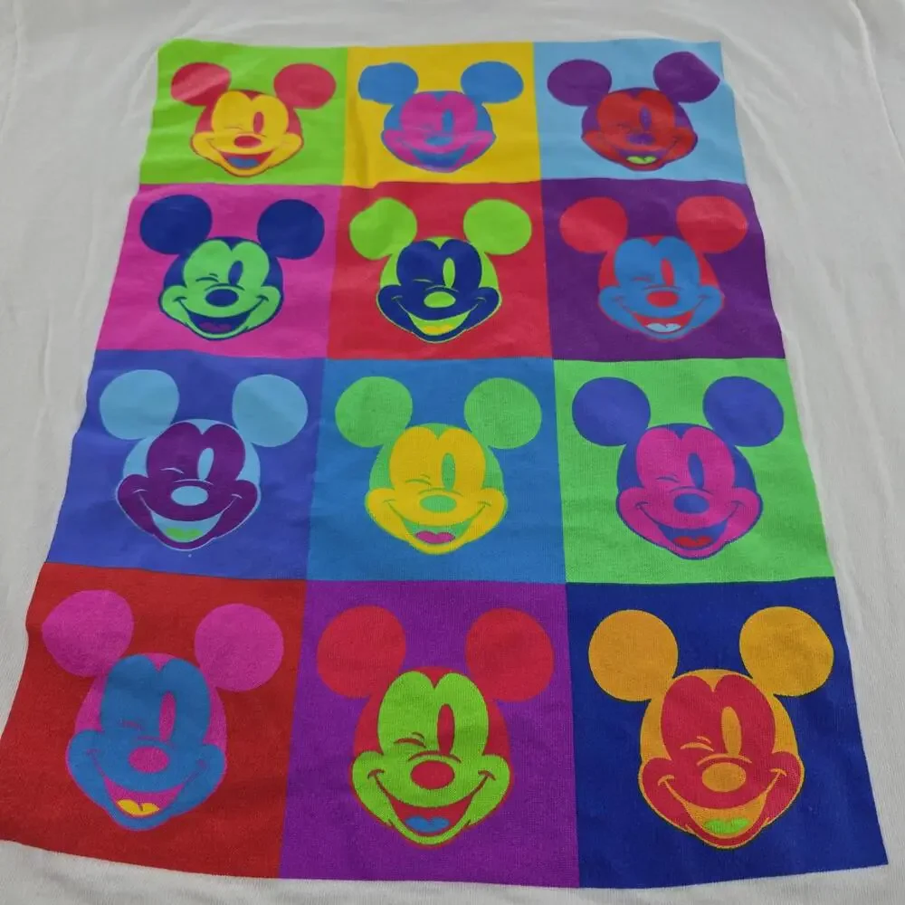 Disney Mickey Mouse Pop Art Graphic Tee White Colorful Grid Shirt Size Large